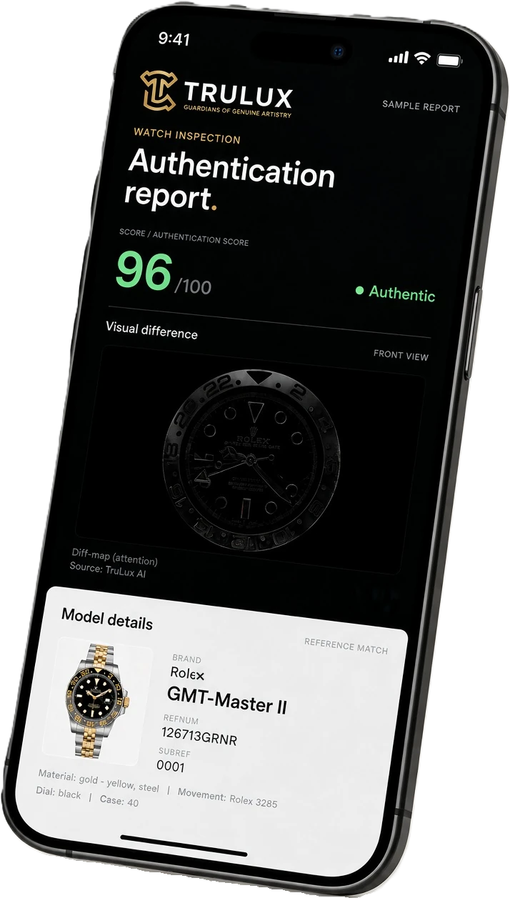 The TruLux app showing a watch authentication report: an authenticity score of 96 out of 100 with a verdict of Authentic, a diff map of the front view, and the model details for a Rolex GMT-Master II, reference 126713GRNR.